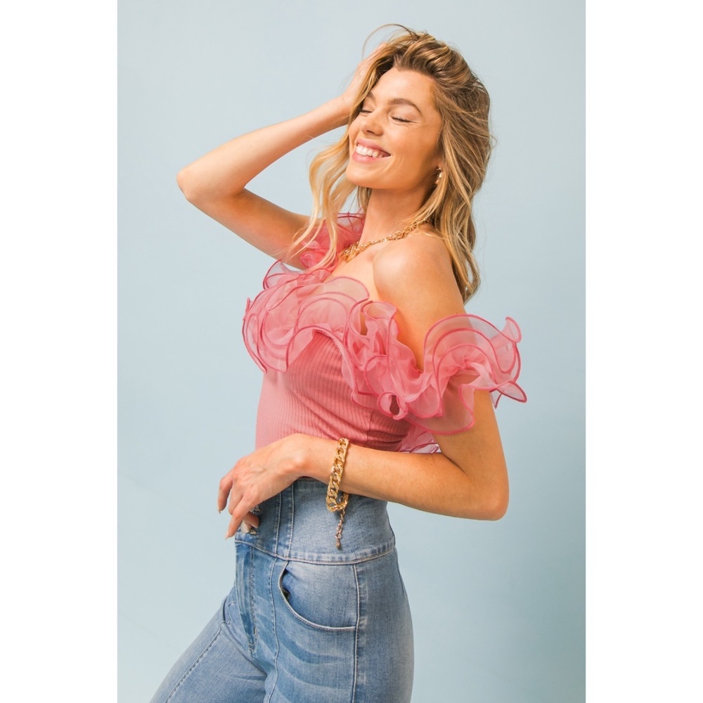 Flying Tomato Pink Organza Trimmed Sleeveless Bodysuit - Picture 7 of 10